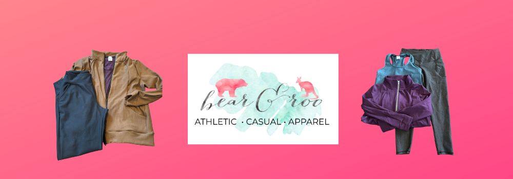 Bear and Roo's company logo with clothing images on a pink background