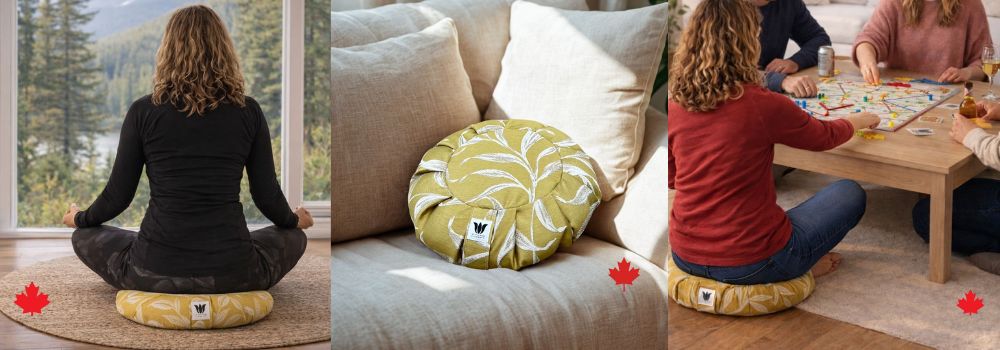 3 images of a yoga cushion, one being used for meditation, one as a feature image of it, and the other is of adults using it while sitting at a coffee table to play a board game.
