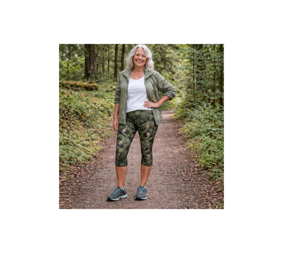 Woman in capri leggings with a chickadee design standing in a forest on a path way.