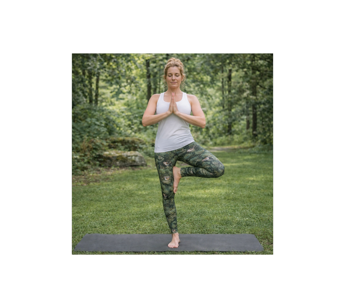 Woman practicing yoga in a forest setting wearing a pair of yoga leggings with a chickadee design.