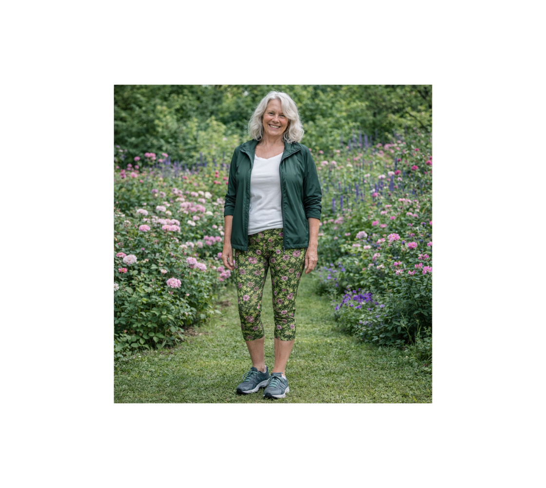 Woman standing in a garden wearing a pair of capri leggings with wild roses design.