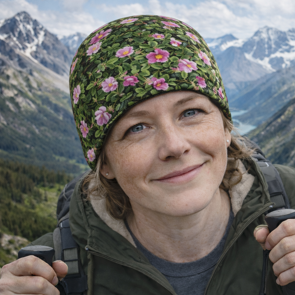 A woman hiking in the mountains wearing a beanie with images of roses.