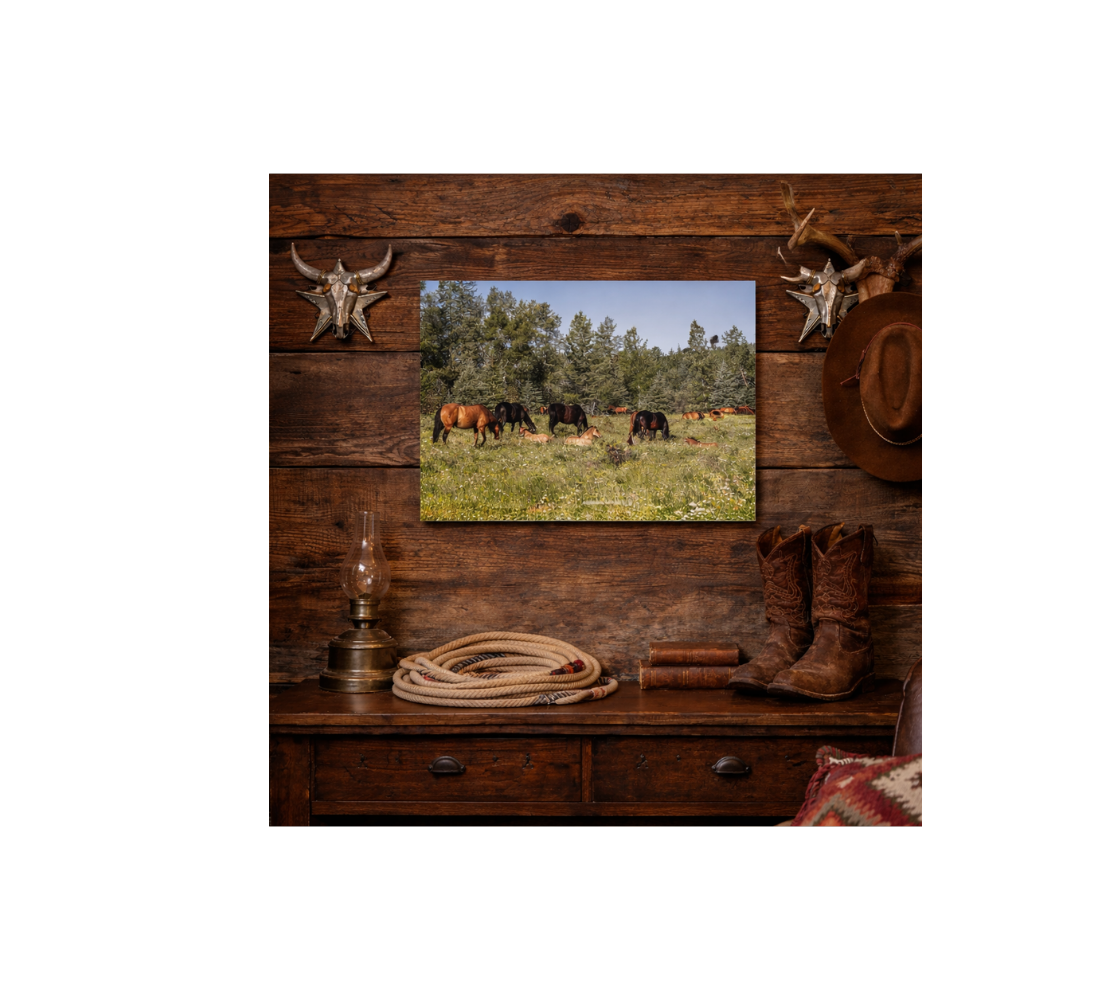 Wooden wall with a metal print of wild horses in mountain meadow.