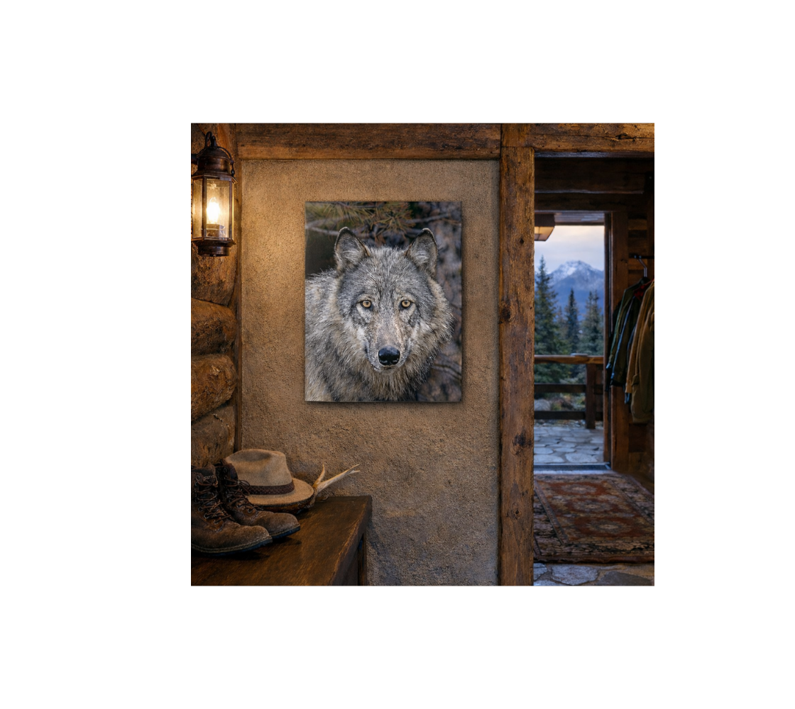 Metal print of a gray wolf hanging on a wall in a rustic cabin setting.