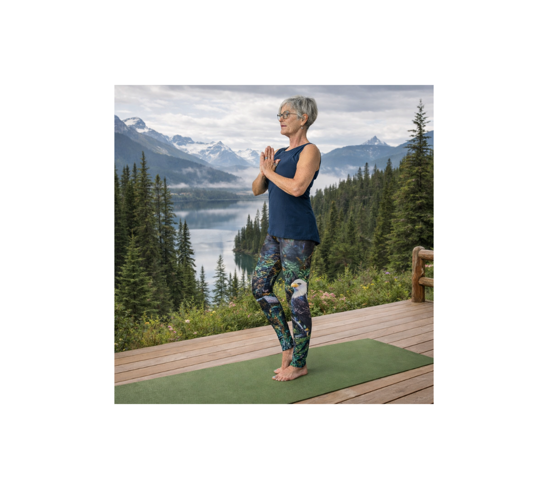 A Woman doing yoga on a mat wearing a of pair of classic leggings with an image of a bald eagle design with a light and dark green background with a mountain scene in the back ground.