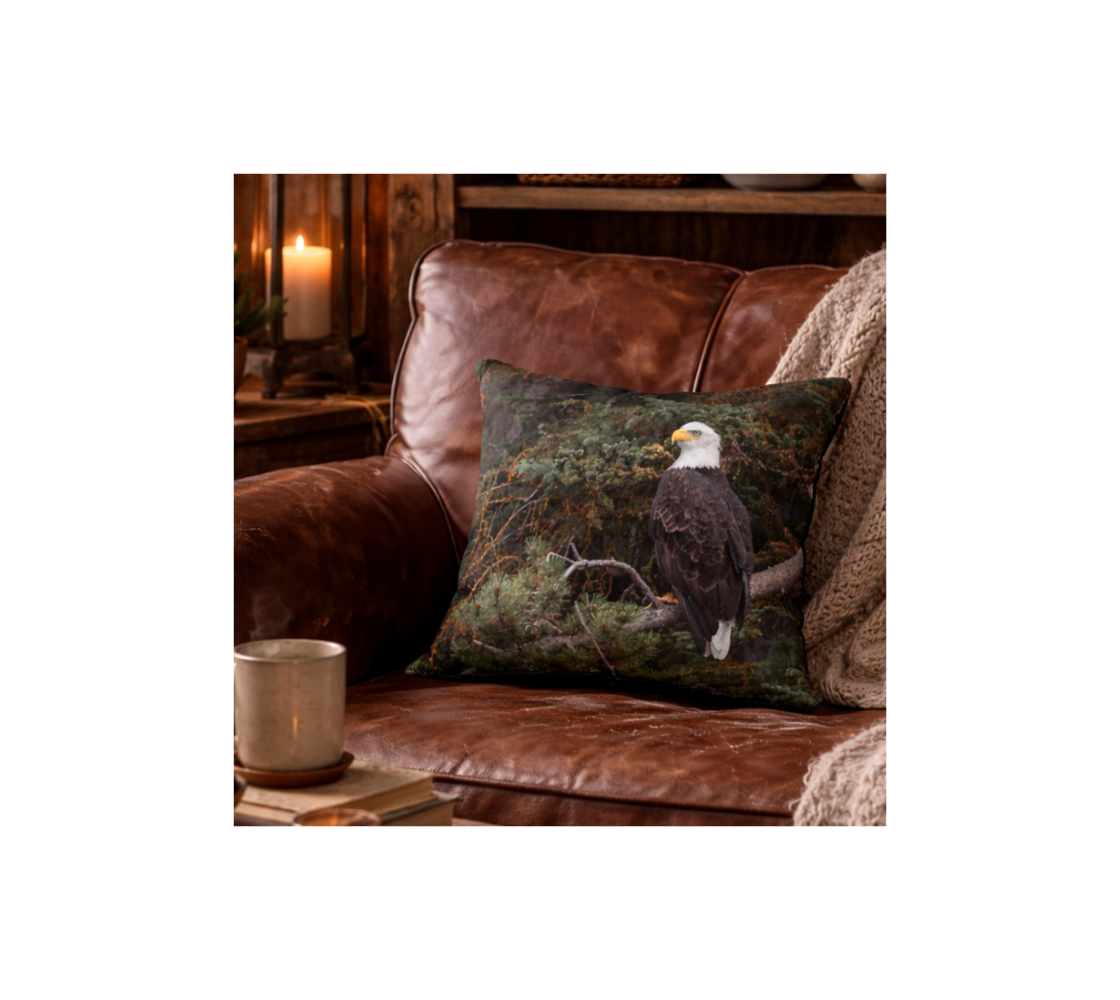 Decorative throw pillow cover with a bald eagle design on a brown leather couch.