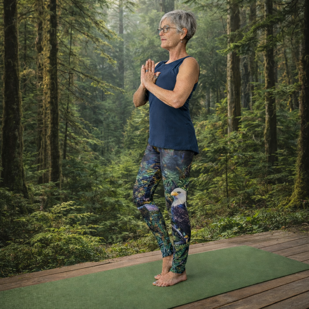 Woman practicing yoga in a forest setting wearing a pair of yoga leggings with an image of a bald eagle design with a green background.