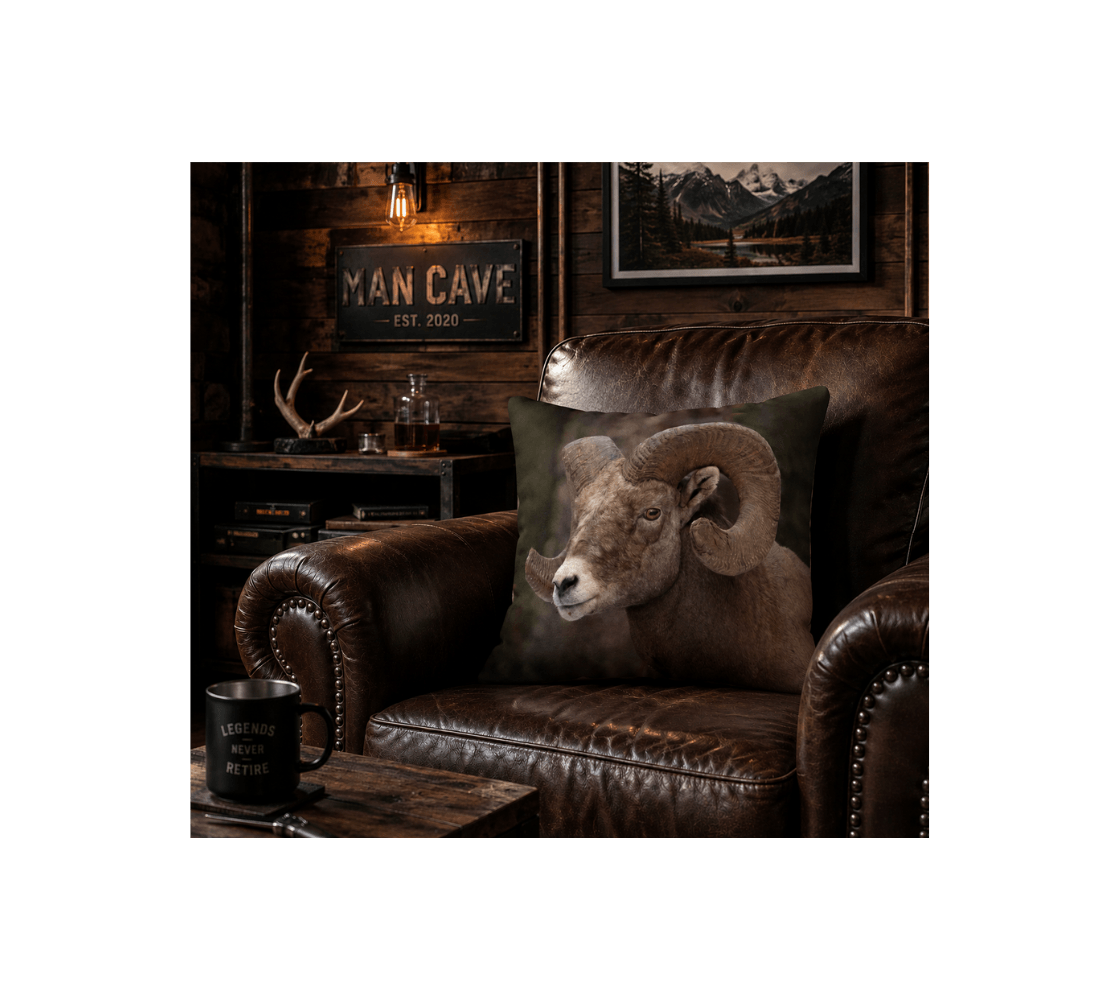 A bighorn ram decorative throw pillow cover from our real wildlife photography on a leather couch in a man cave setting.