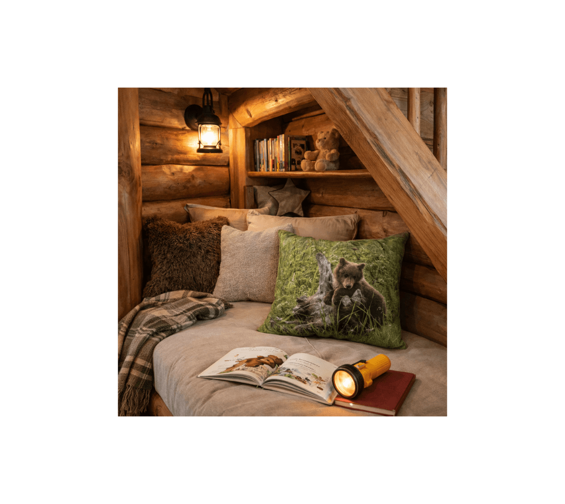 A front door bench with a brown bear cub decorative throw pillow cover from our real wildlife photography.
