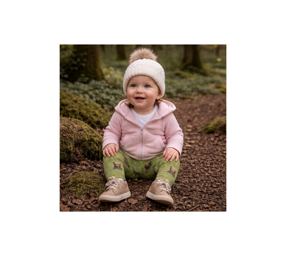 A Baby wearing pair of baby leggings with collage of brown bear cubs design with a green background sitting on a forest floor.