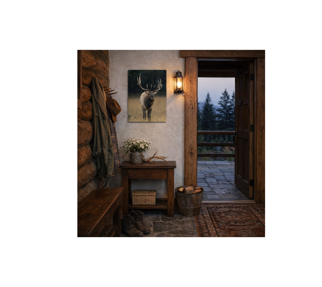 A portrait metal print of our photograph featuring bull elk with a golden grass background hanging on a wall in a cabin by front door.