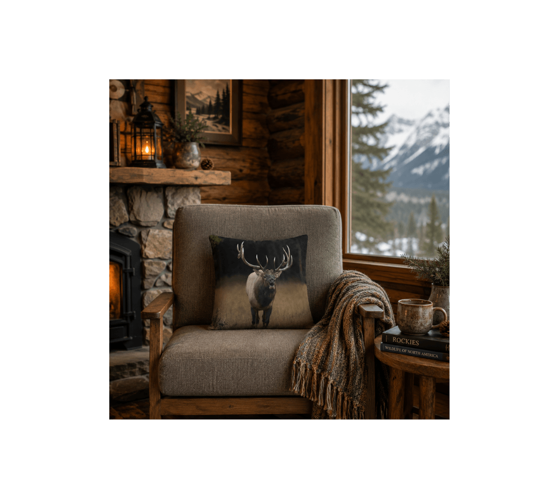 A chair with a bull elk throw pillow cover from our wildlife photography in a rustic living room.