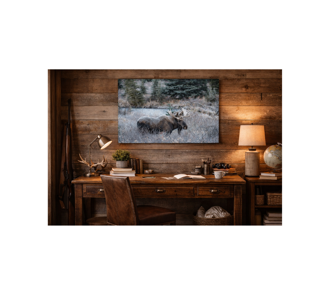 A canvas print Bull Moose and willows covered in frost with spruce trees in the background hanging above office desk.