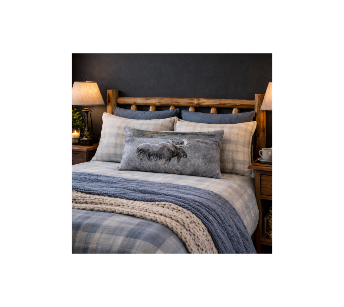 Bed with plaid bedding and throw pillow cover with a image of bull moose in a bedroom setting.