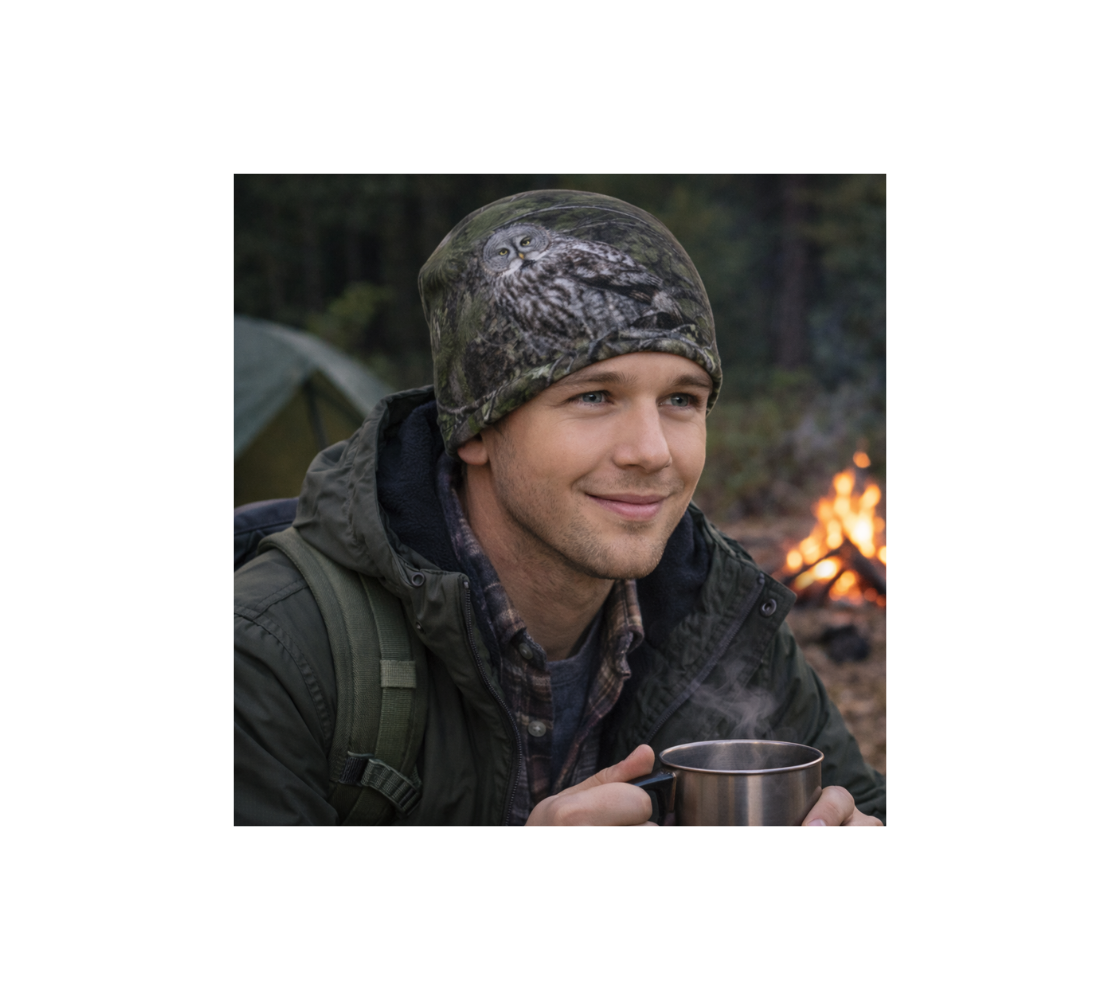 Young man camping wearing a beanie with an image of great gray owl.
