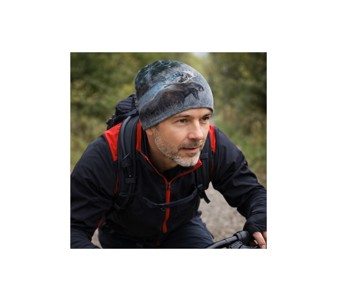 A man riding a bicycle wearing a beanie with image of bull moose.