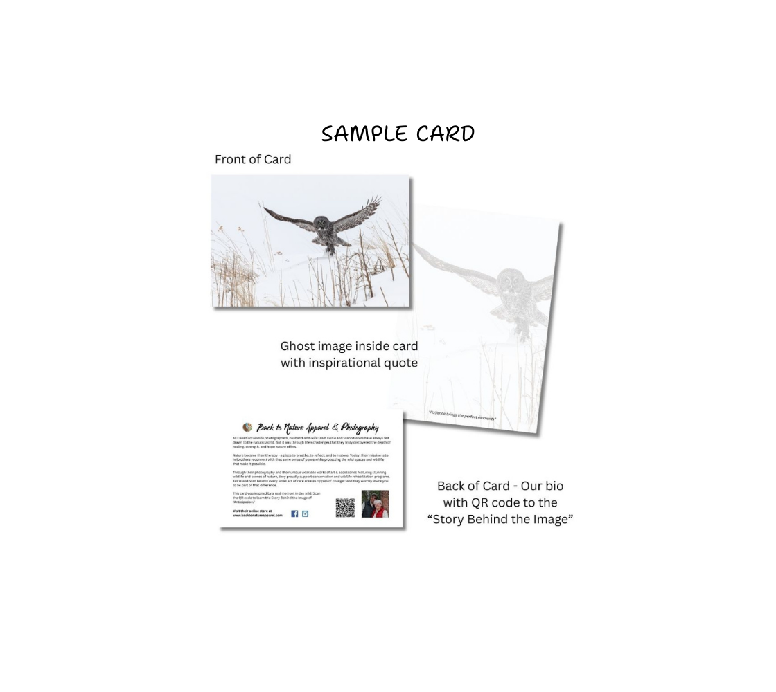 Card layout sample with owl image and QR code on a white background
