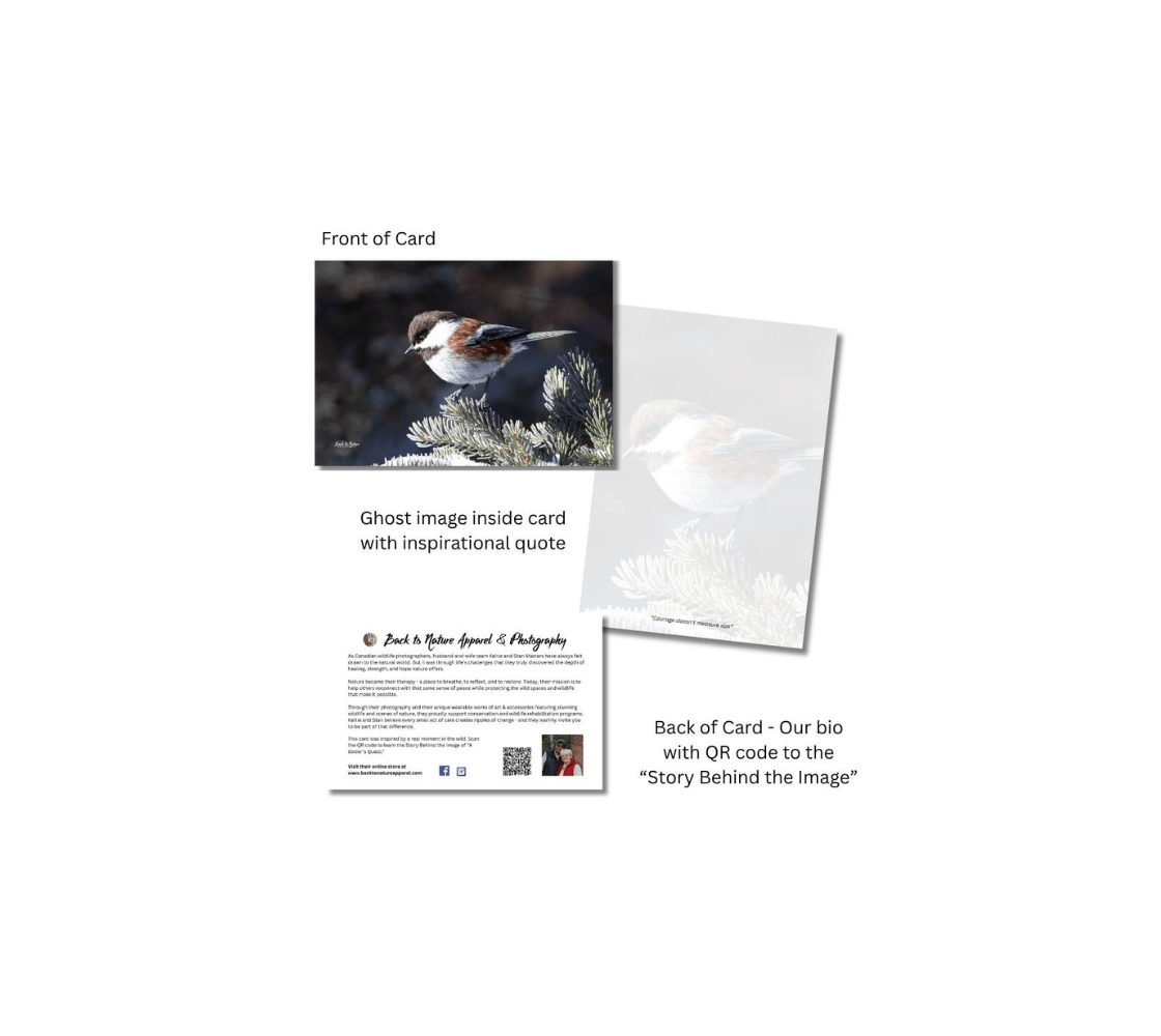 A chestnut-back chickadee greeting card with a ghost image of a chickadee inside from our real wildlife photography.