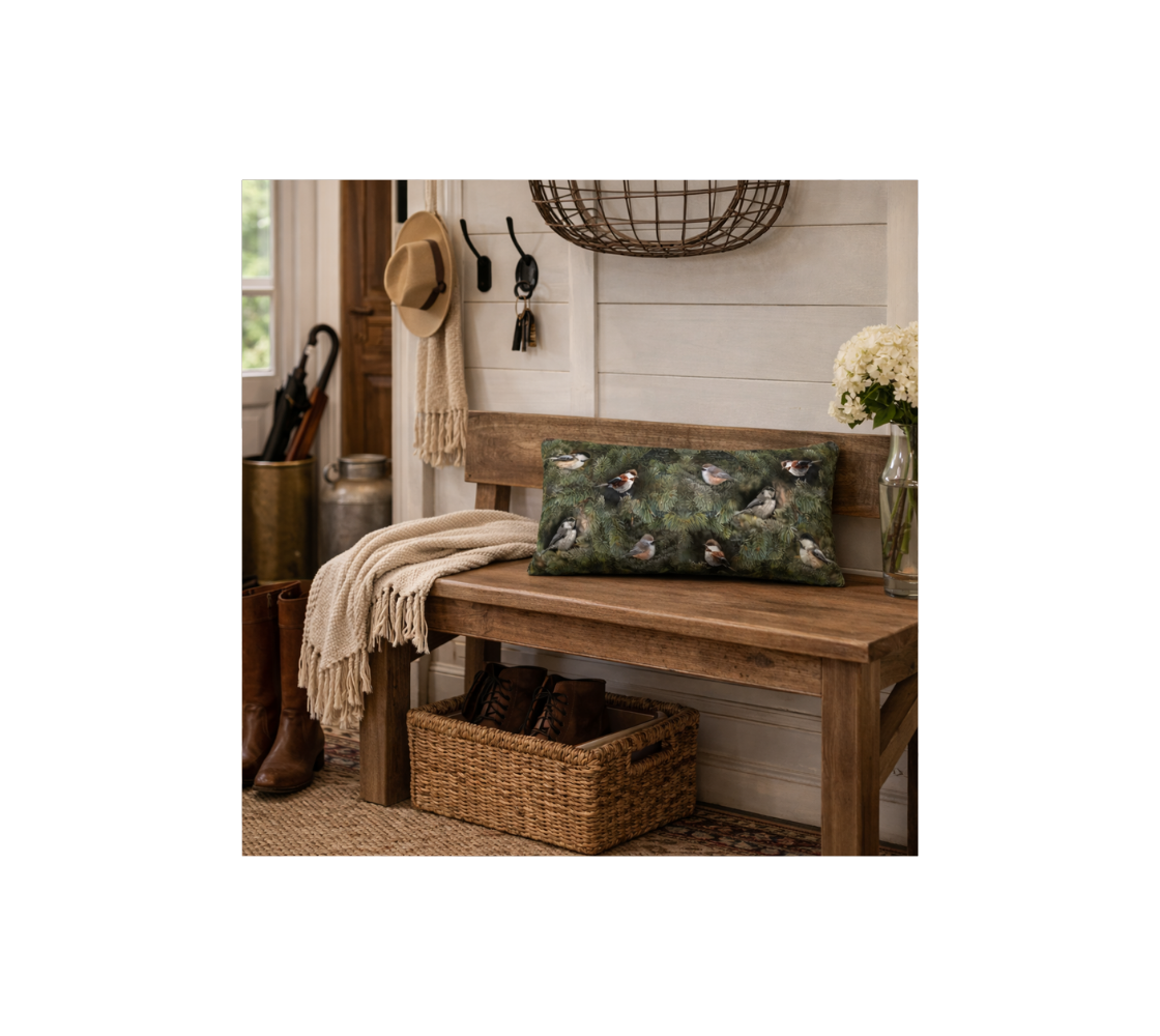 Wooden bench with a long throw pillow with a collage of chickadees in a rustic interior setting.