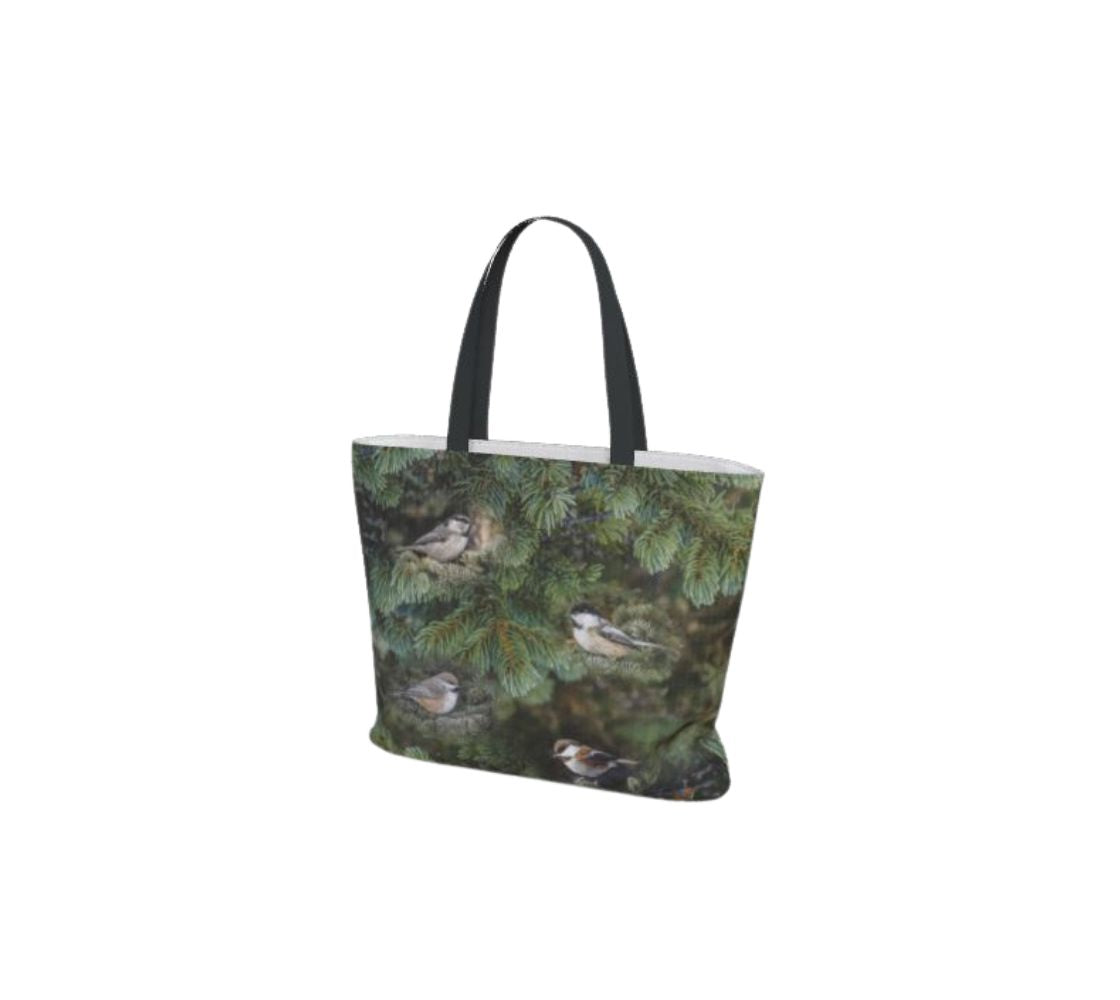 Reusable large tote bag featuring a nature-inspired chickadee design with black sturdy handles.