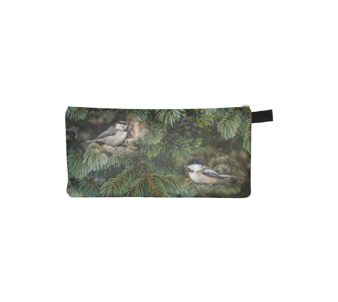 A zippered pouch with a chickadee design from our wildlife photography.