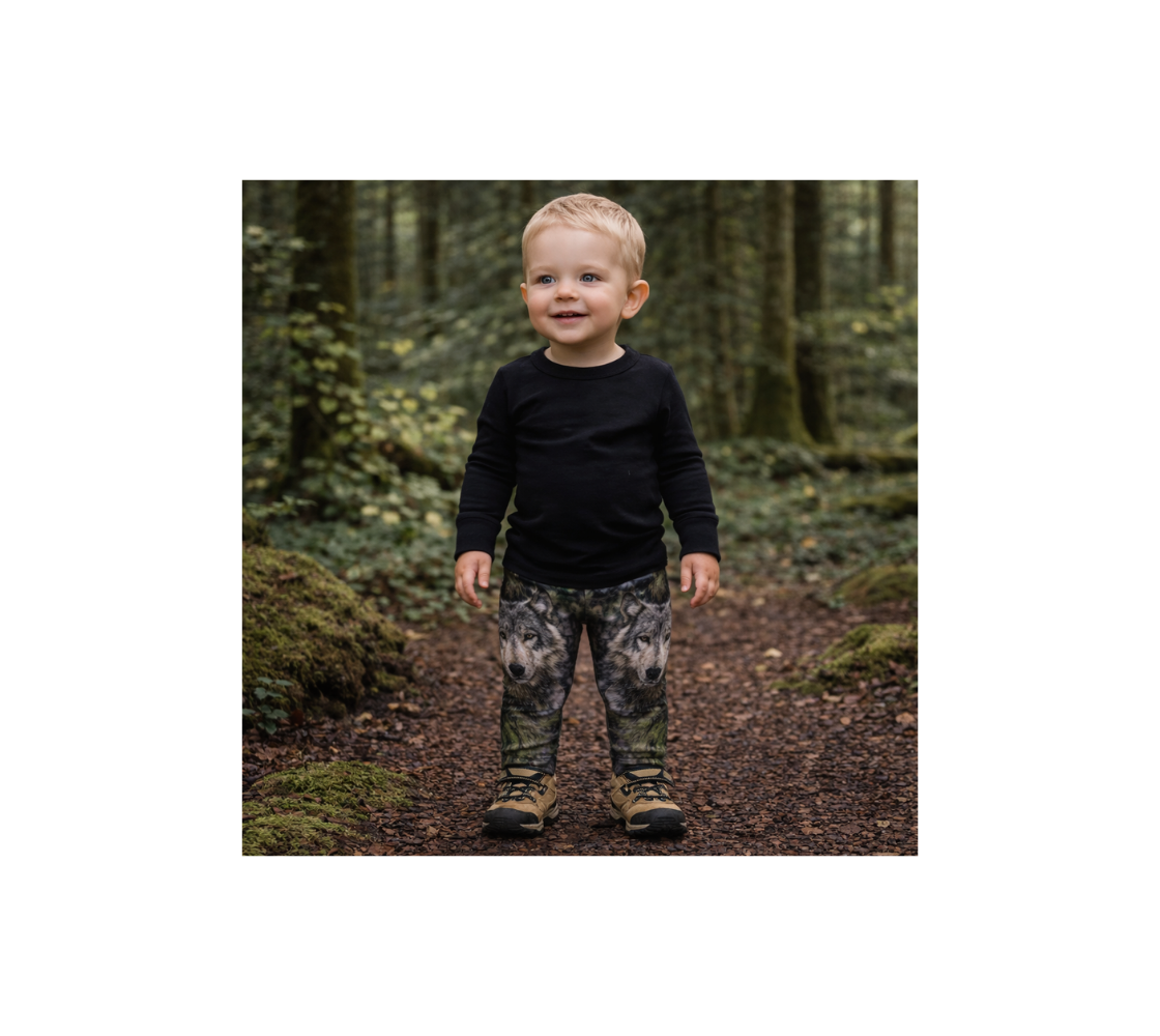 A boy with a black shirt and pair of leggings with image of a gray wolf standing in a forest.