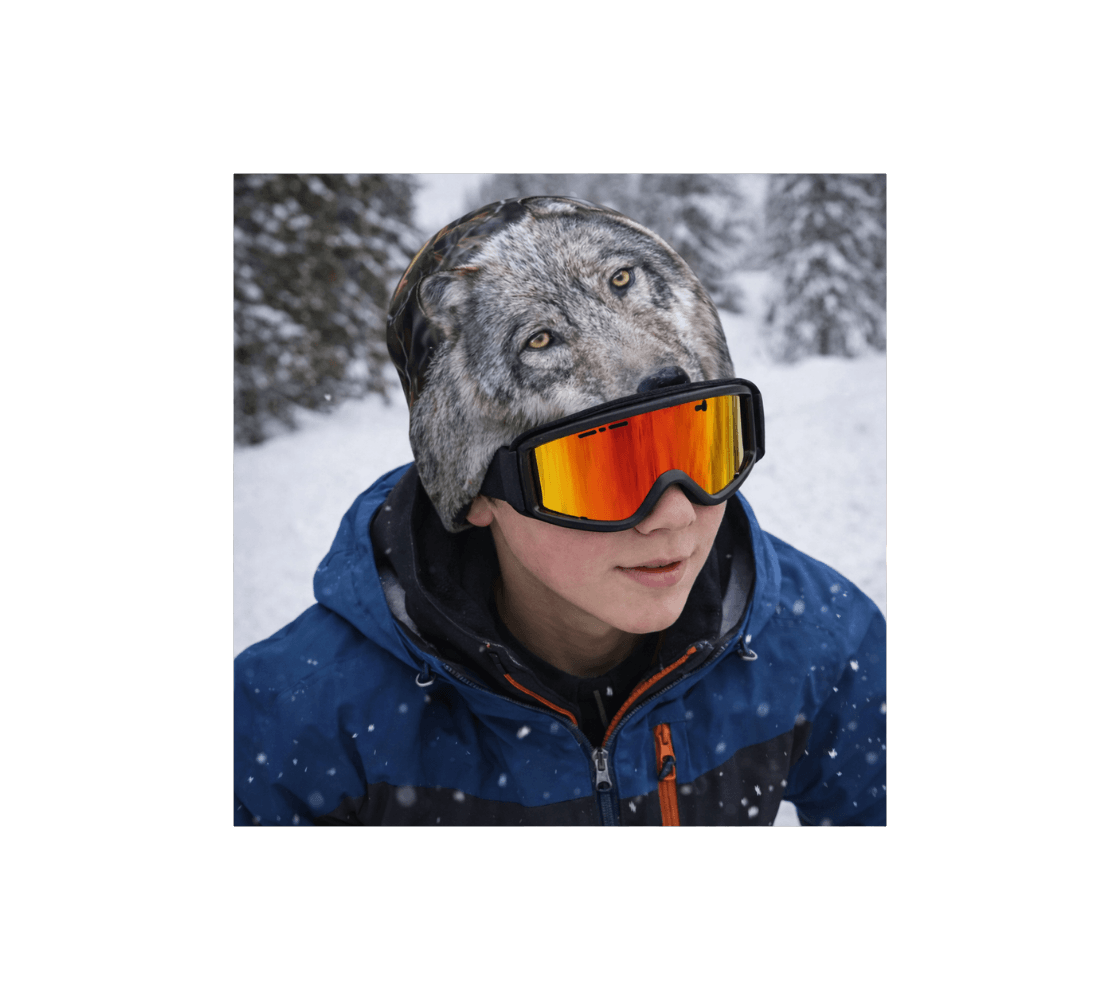 A young boy wearing a gray wolf bamboo-lined beanie from our wildlife photography skiing in the mountains.
