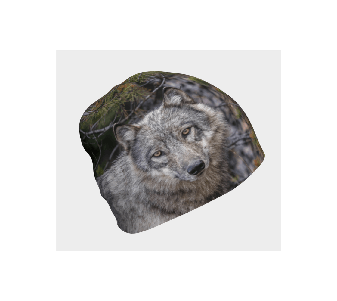 A gray wolf bamboo-lined beanie from our real wildlife photography.