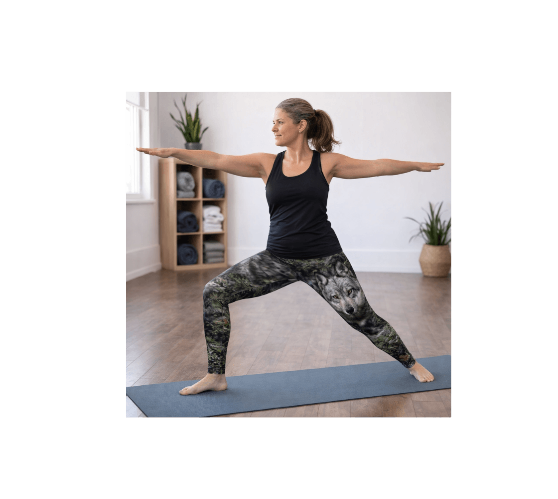 A woman doing yoga wearing a pair of gray wolf classic leggings from our wildlife photography in a studio.