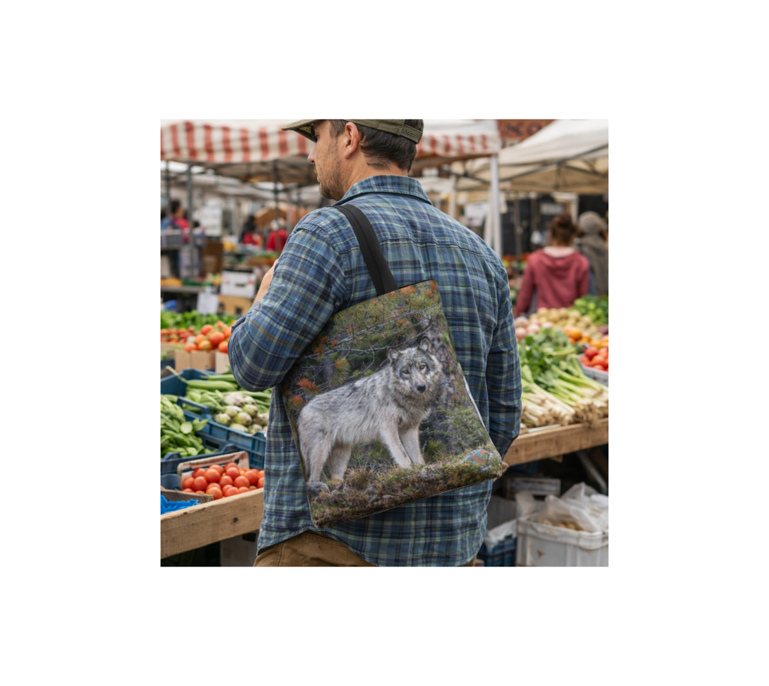 A man carrying a gray wolf medium reusable tote bag from our real wildlife photography at an outdoor market.