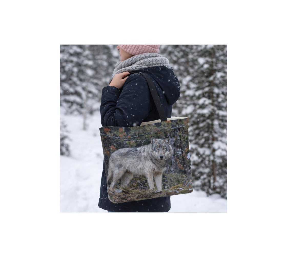A woman holding a reusable small tote bag with our photograph of a gray wolf design in a snowy forest.