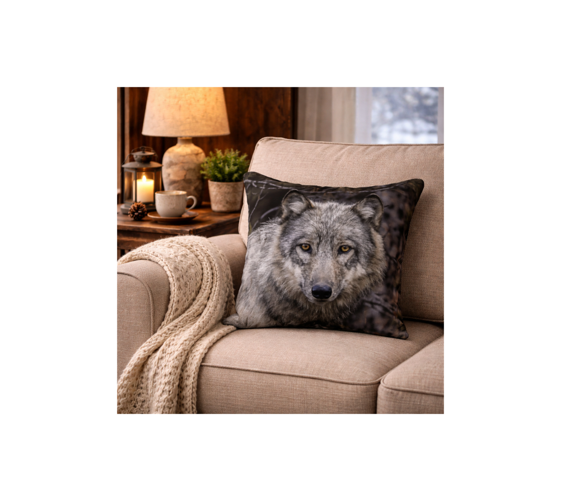 A decorative throw pillow cover with our photograph of a gray wolf portrait design with a green background on a beige couch with a cozy living room setting.