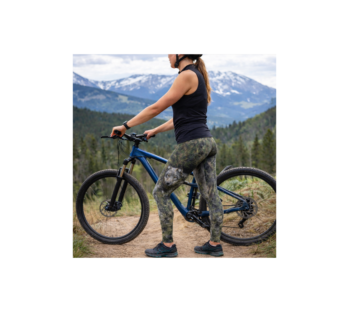 Waman wearing a pair of yoga leggings with an image of a gray wolf design with a green background standing by mountain bike with a scenic mountain back ground.
