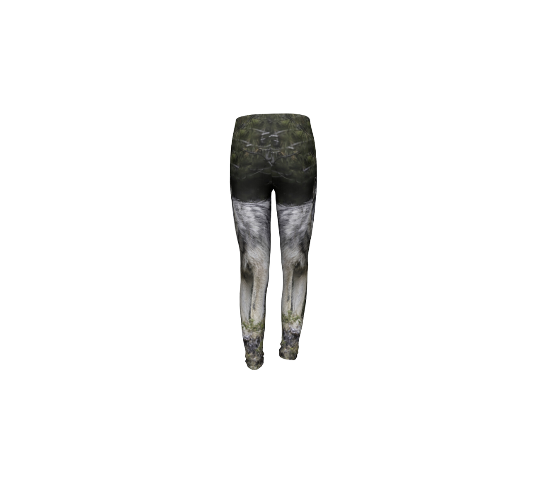 A back view of a pair of gray wolf youth leggings from our real wildlife photography.