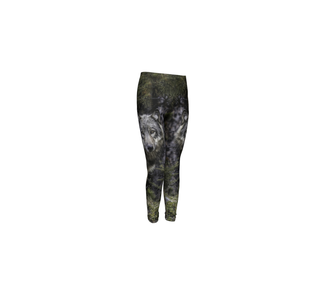 A front view of a pair of gray wolf youth leggings from our real wildlife photography.