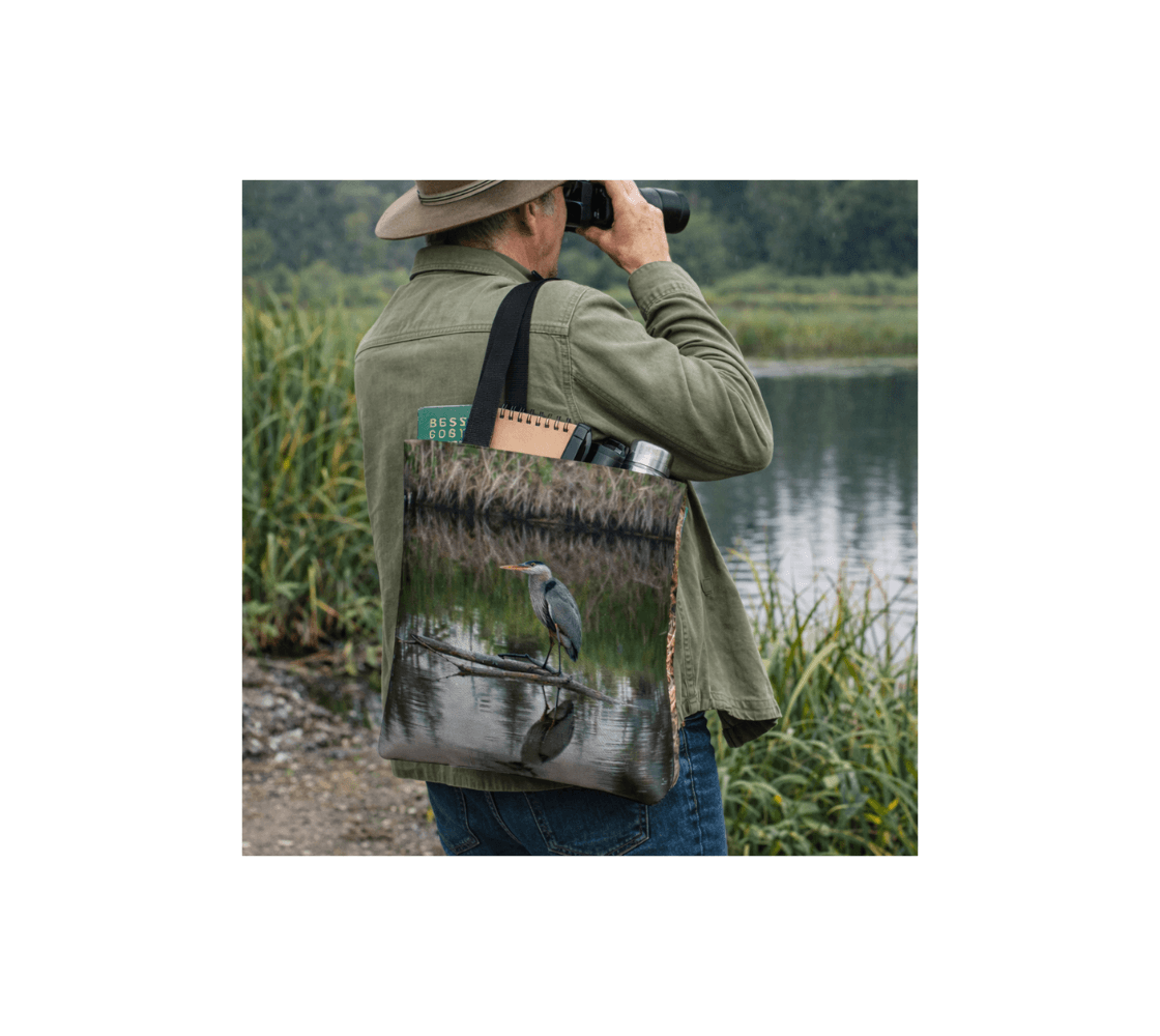 A man carrying a great blue heron medium reusable tote bag from our real wildlife photography with books inside it standing by a marsh.