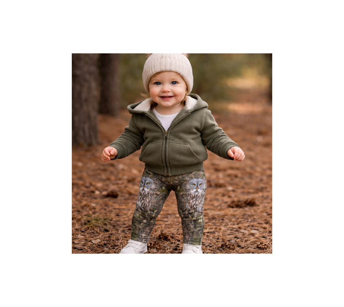Baby wearing a green jacket and with a pair of leggings with a image of a great gray owl standing in a forest setting.