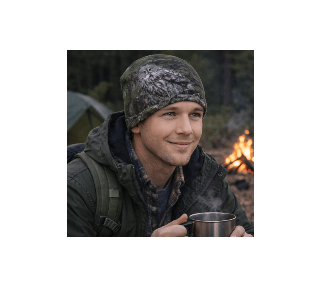 A young man wearing a great gray owl bamboo-lined beanie from our original wildlife photography with a camp fire in the background.