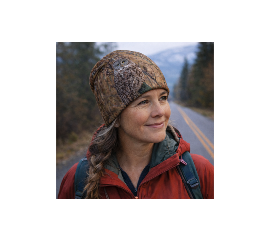 A woman wearing bamboo-lined beanie with an image of a great gray owl design with a brown background standing by a road with trees in the background.