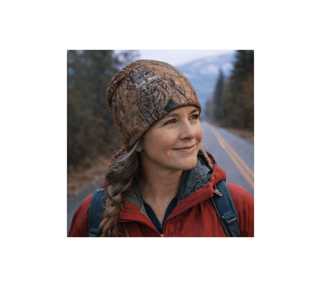 A woman wearing great gray owl bamboo-lined beanie from our wildlife photography standing by a road with trees in the background.