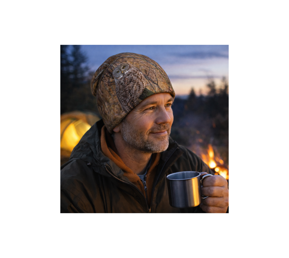 A man wearing a bamboo-lined beanie with an image of a great gray owl design with a brown background holding a mug by a campfire.