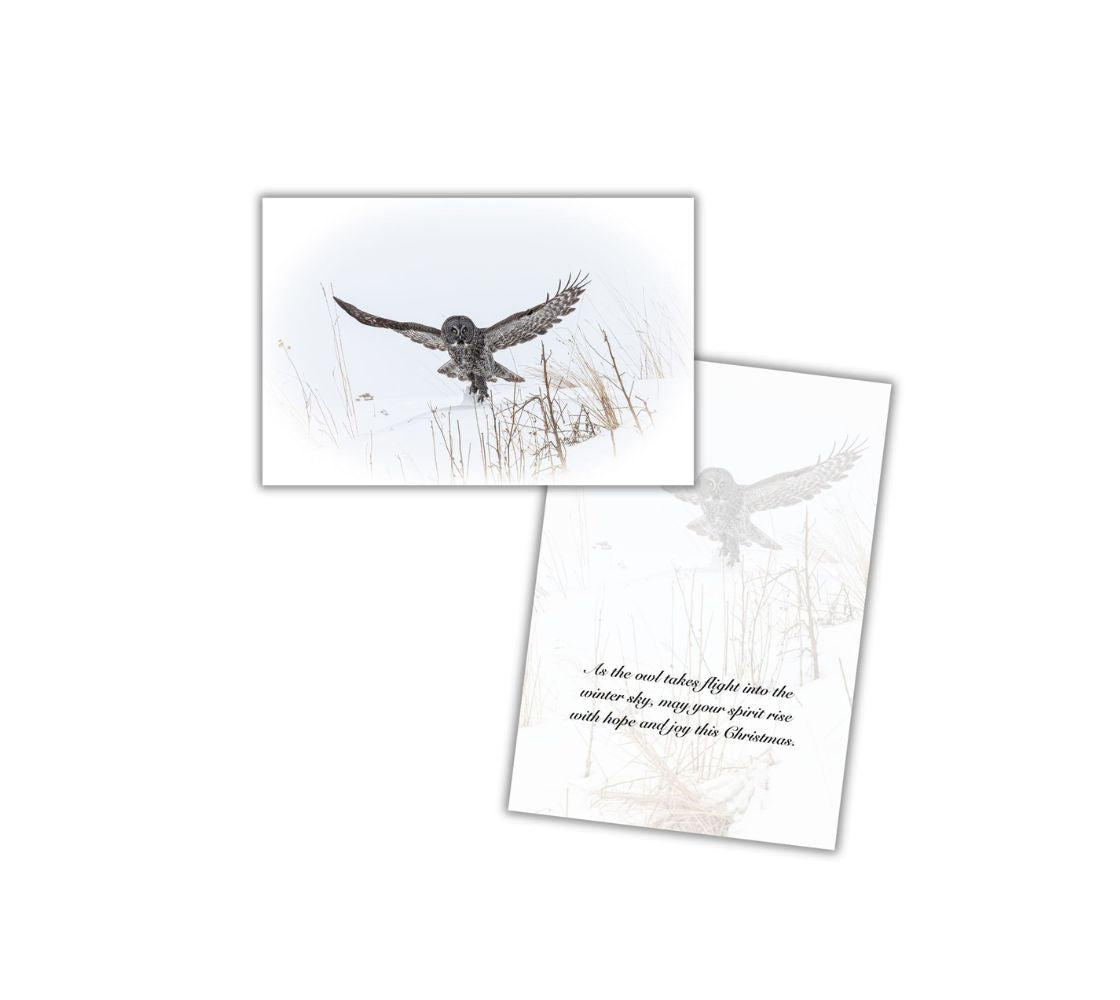 A Christmas card of a great grey owl flying up from the snow and an opened card with a repeated faint image of the front image with text.