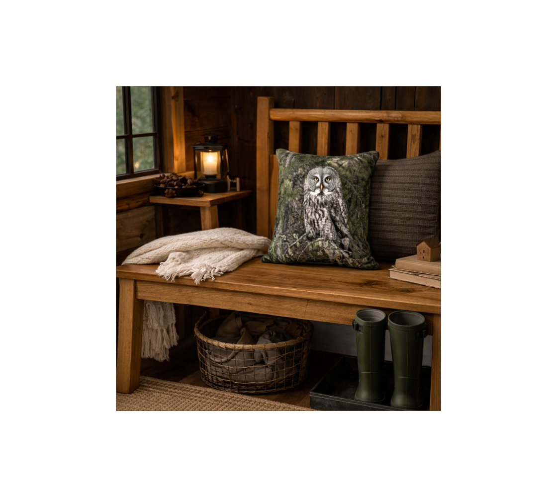 A wooden bench with a decorative throw pillow cover with our photograph of great gray owl design with a green background in a front entryway setting.