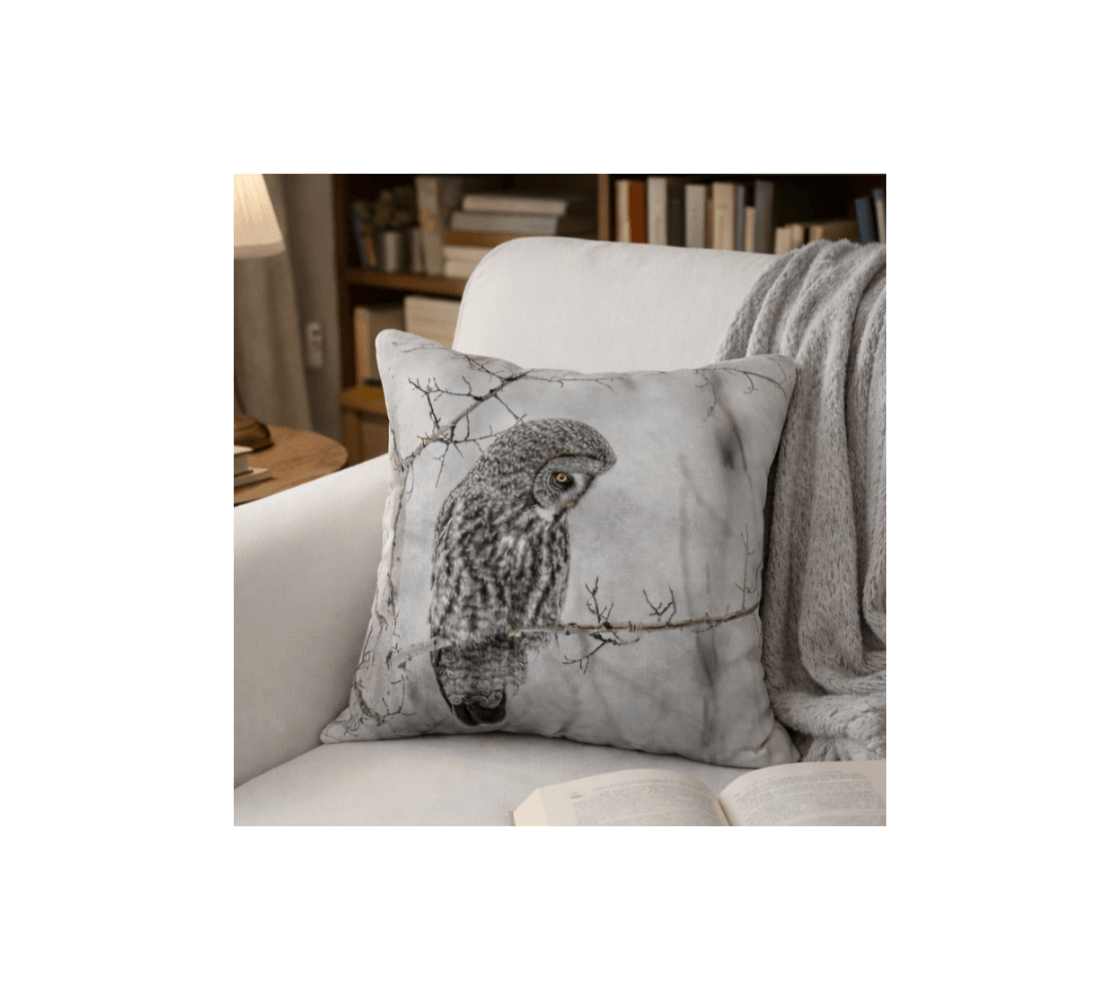 A living room with a great gray owl decorative throw pillow cover from our wildlife photography on a white couch.