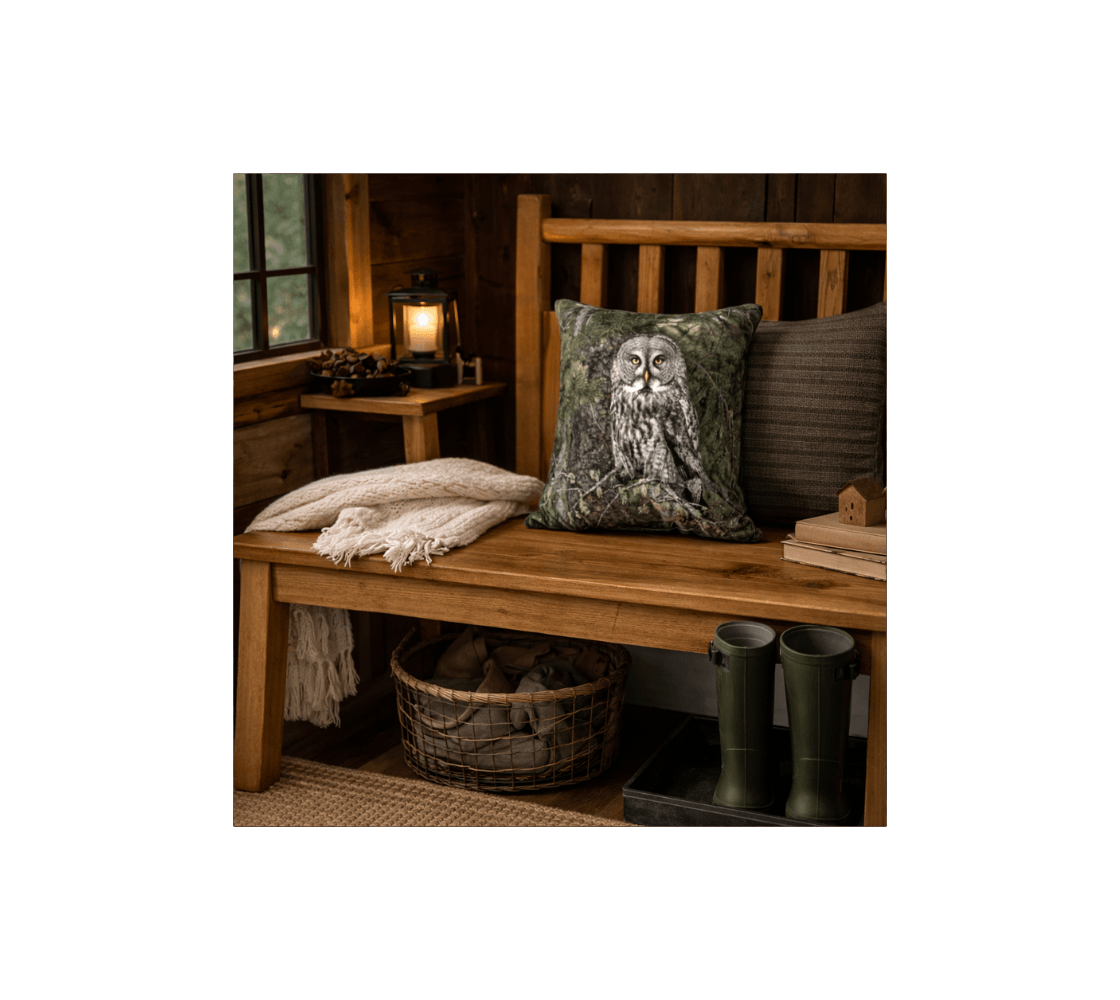 A front door entrance with a great gray owl decorative throw pillow cover from our wildlife photography on wooden bench.