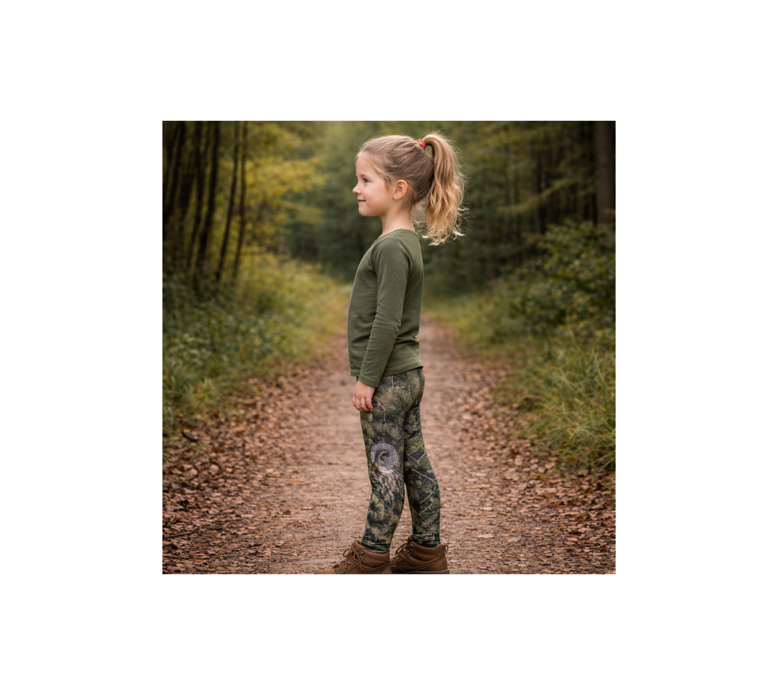 A young girl standing wearing pair of great gray owl youth leggings from our wildlife photography on a forest path.