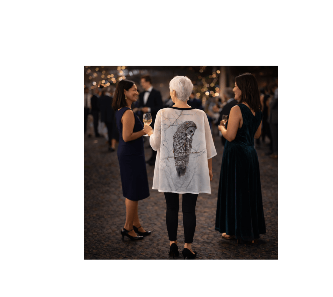 A woman standing wearing a great gray owl kimono cover up from our original wildlife photography at event with two other woman.