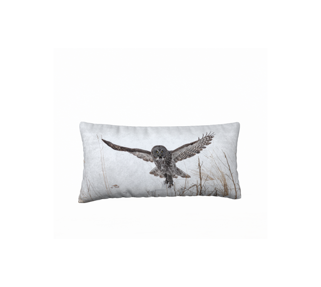 A great gray owl decorative long throw pillow cover from our real wildlife photography.
