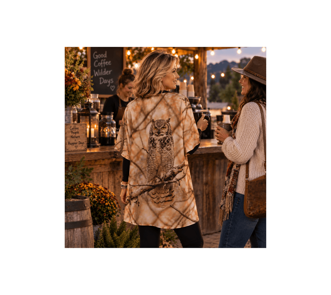 A woman wearing a great horned owl kimono from our wildlife photography at a coffee shop.