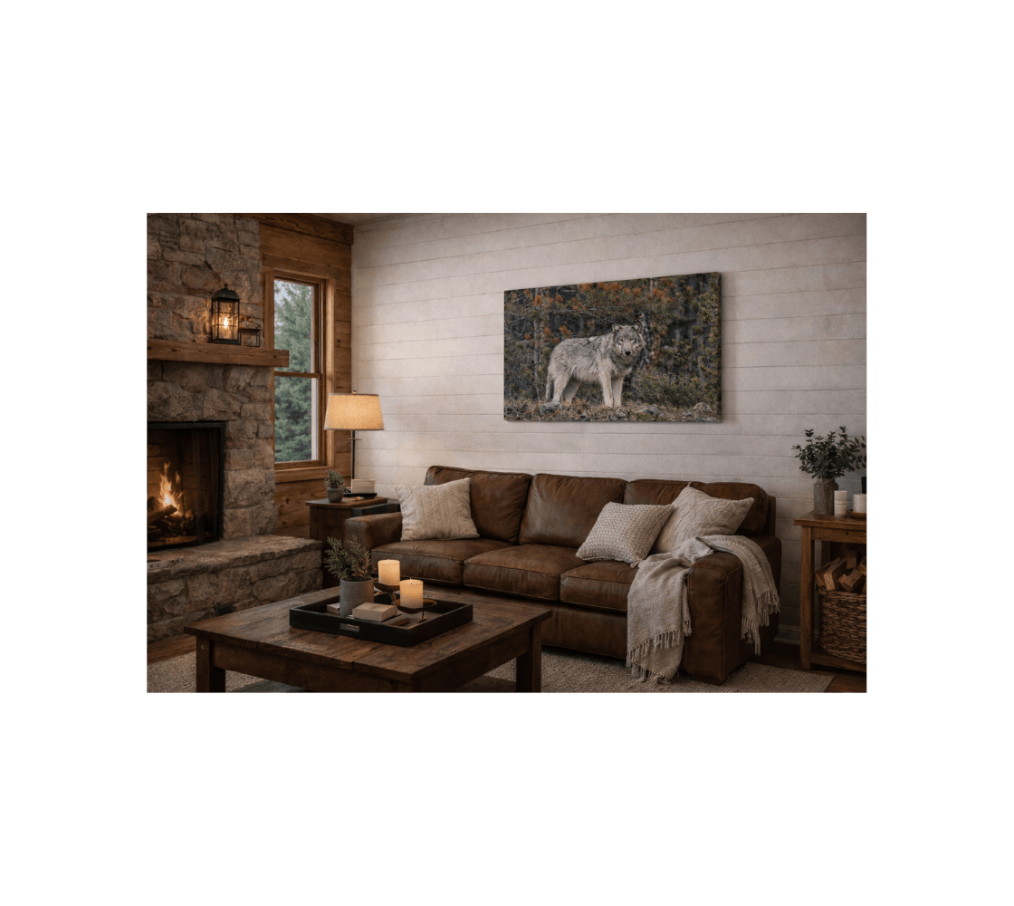 A cozy living room with a canvas print of a gray wolf from our real wildlife photography hanging on a wall above a couch.